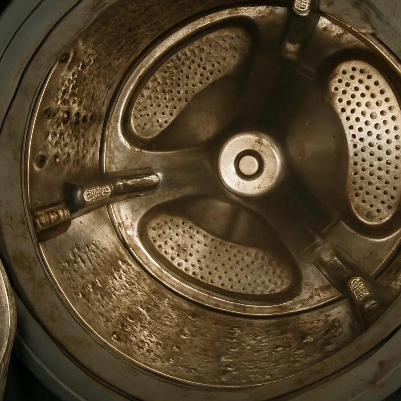 Washing machine drum before using SOPAMI — grime and residue buildup